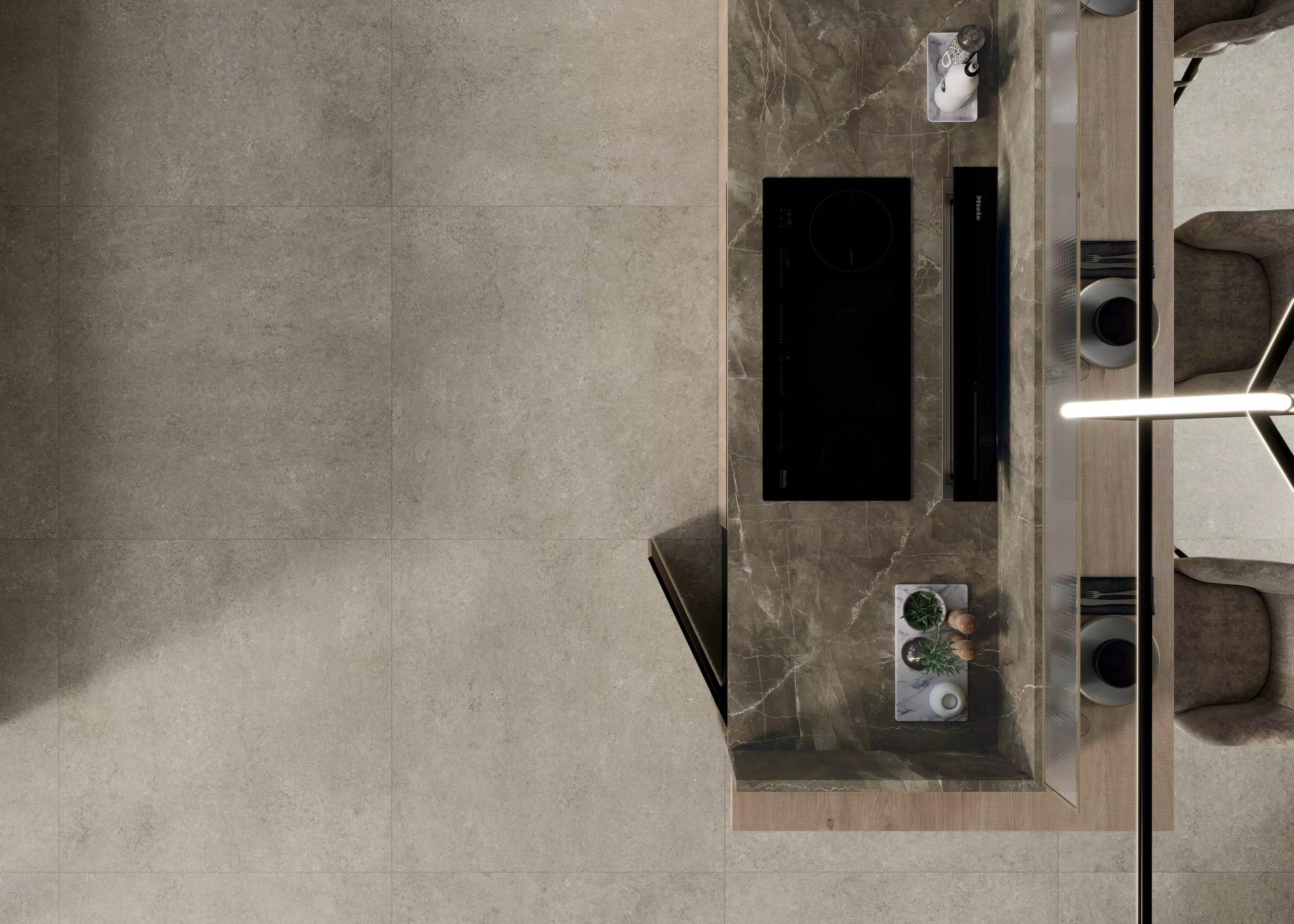 CASA_2_CUCINA_PART_ZENITH_stone_brown_fossil_ivory_120x120_eternal_gold | Florim