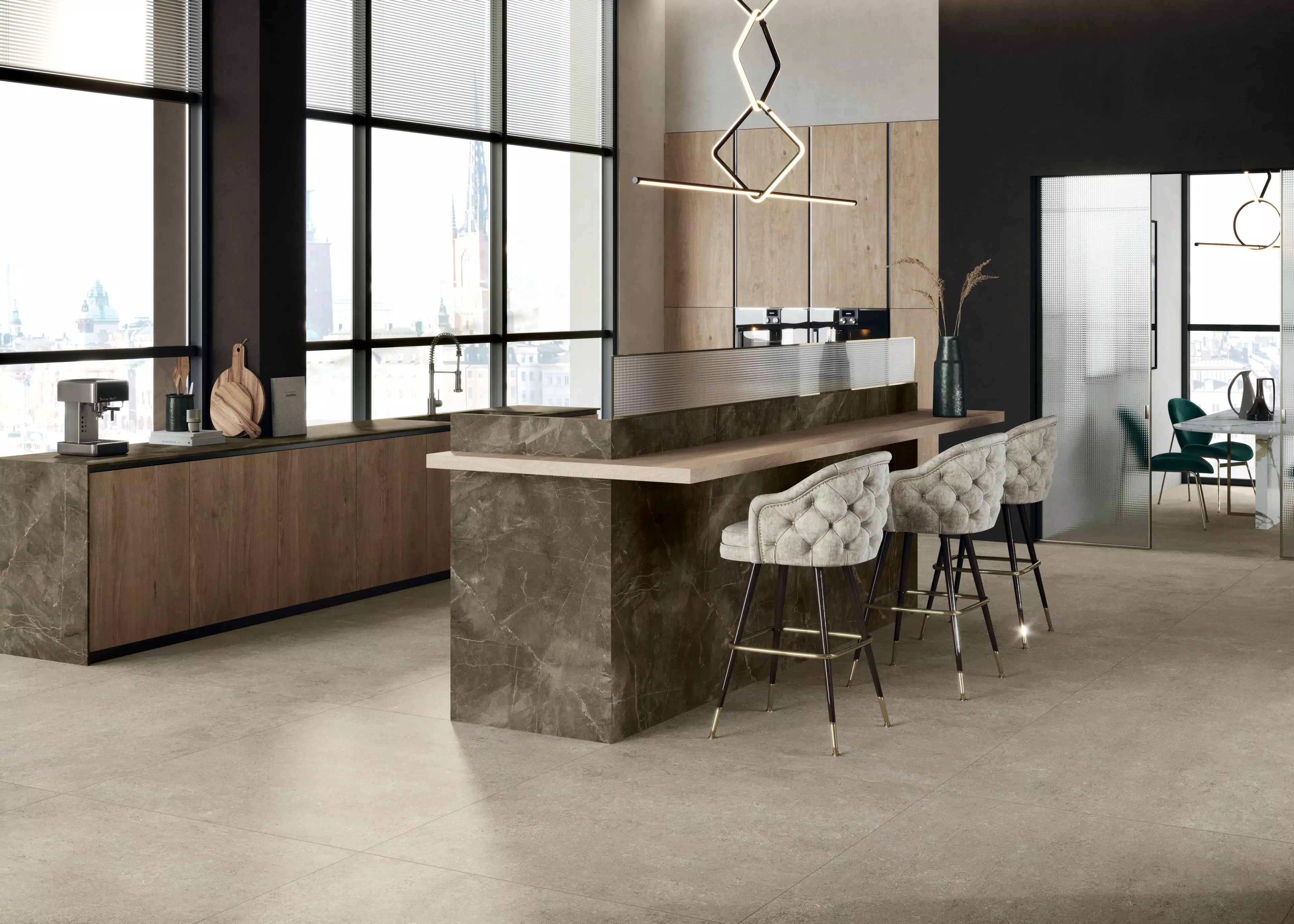 CASA_2_CUCINA_stone_brown_fossil_ivory_120x120_eternal_gold | Florim