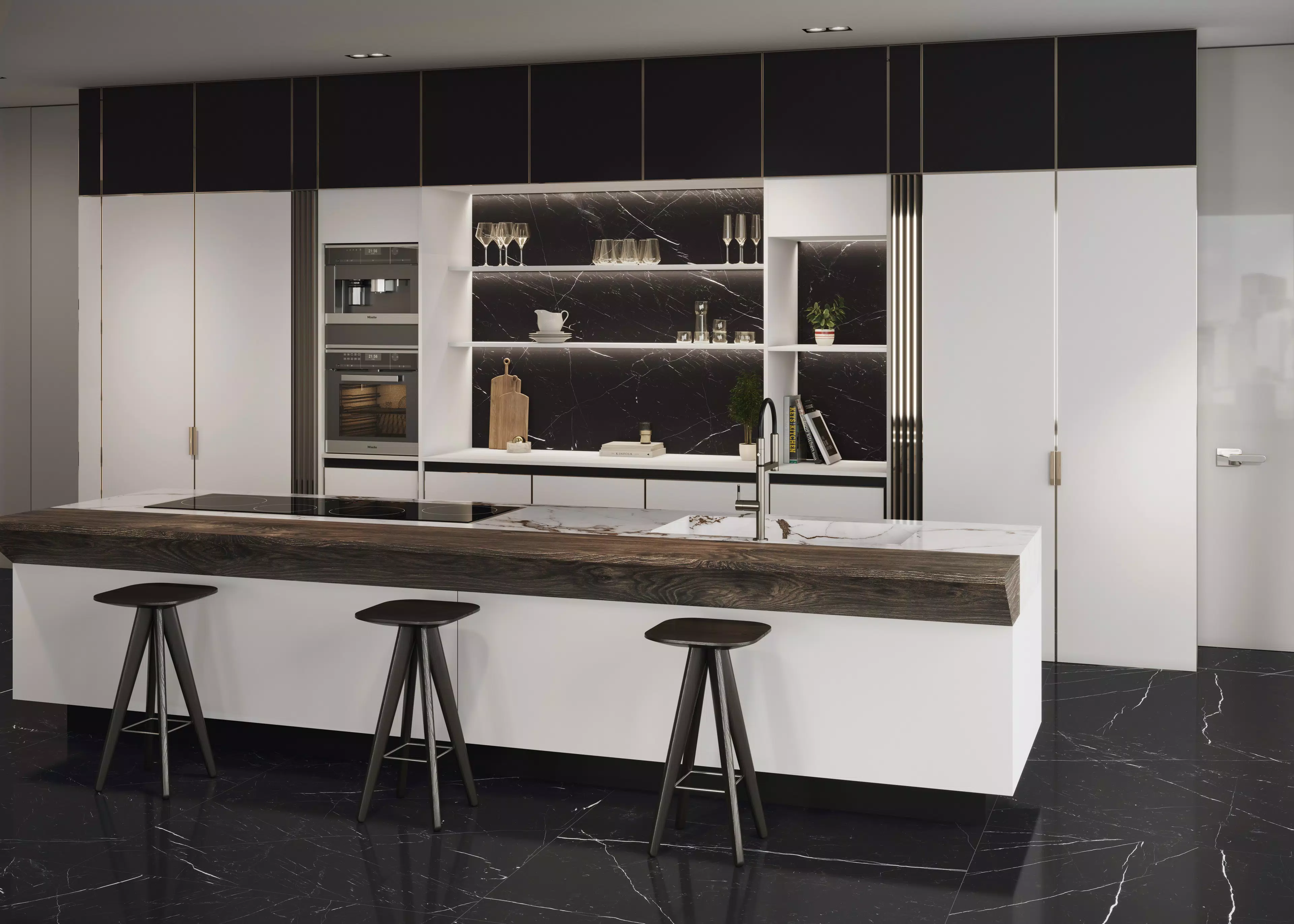 CASA_5_CUCINA_ORIZZONTALE_Marquinia_120X120_Marble_Capraia_Color_White_Color_Black | Florim