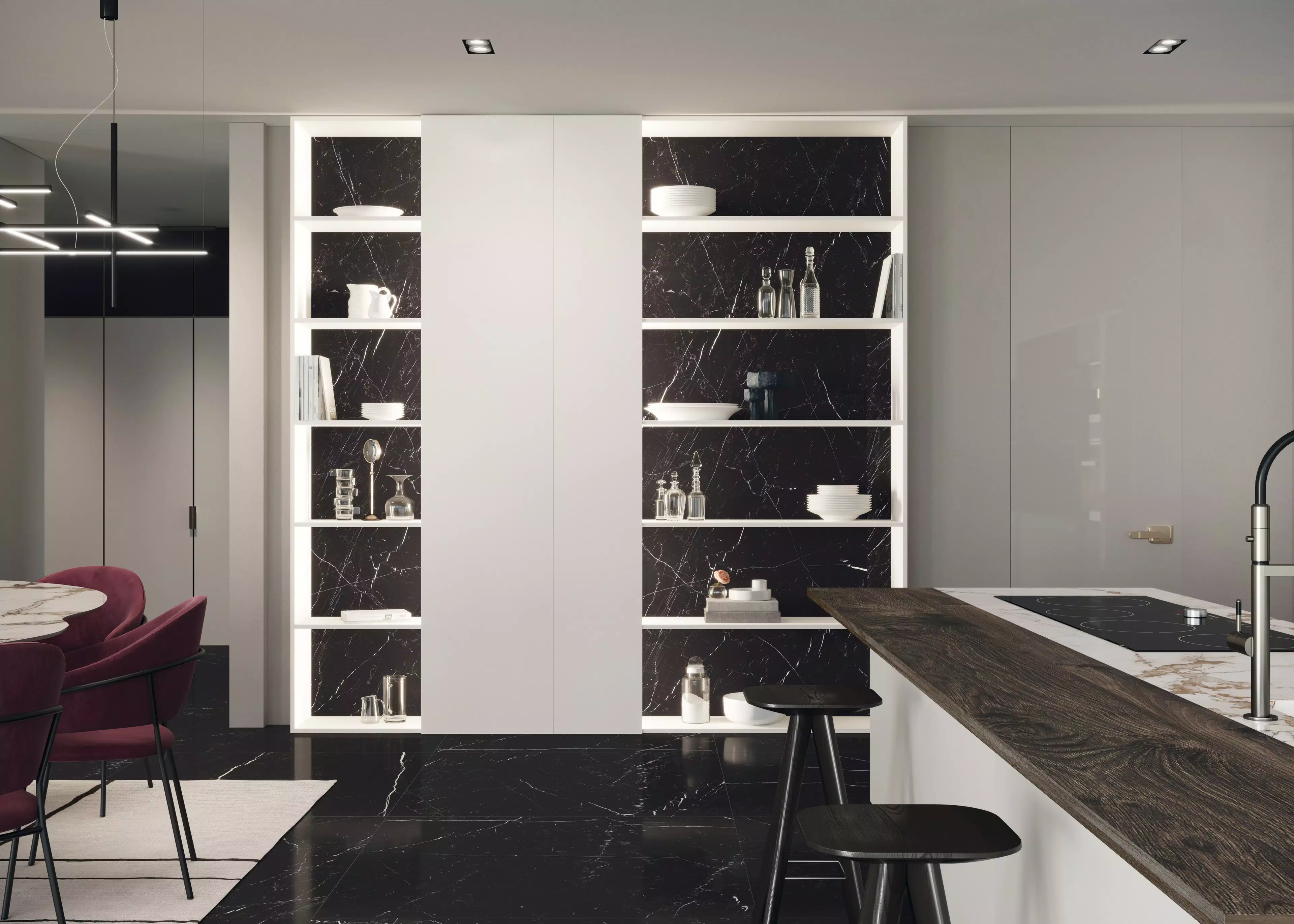 CASA_5_ARMADIATURA_DISPENSA_Marquinia_120X120_Marble_Capraia_Color_White_Color_Black | Florim