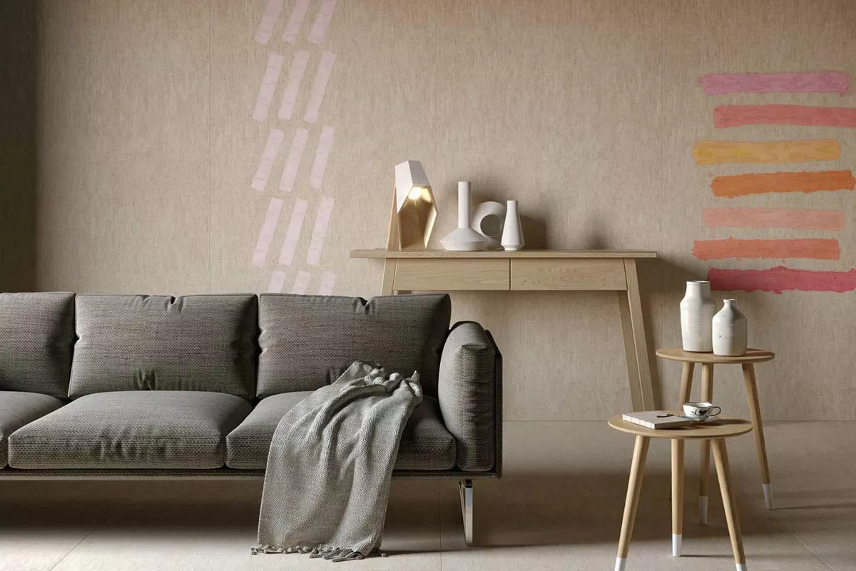 room with raw canvas-effect stoneware coverings