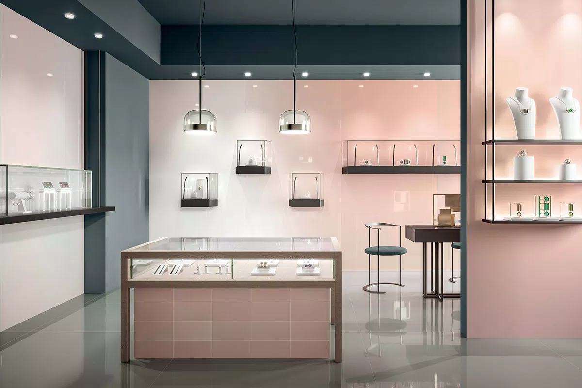 jewelry shop with pink porcelain stoneware