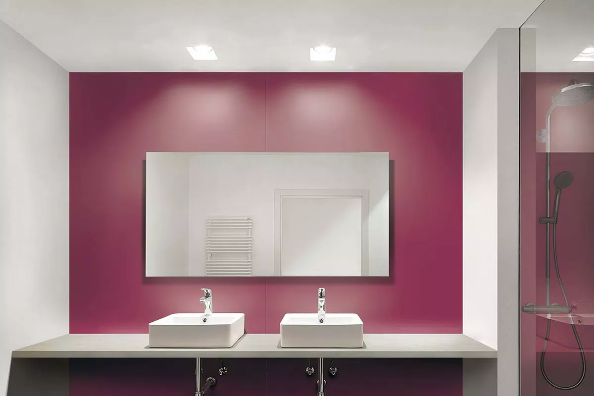 bathroom with pink porcelain stoneware