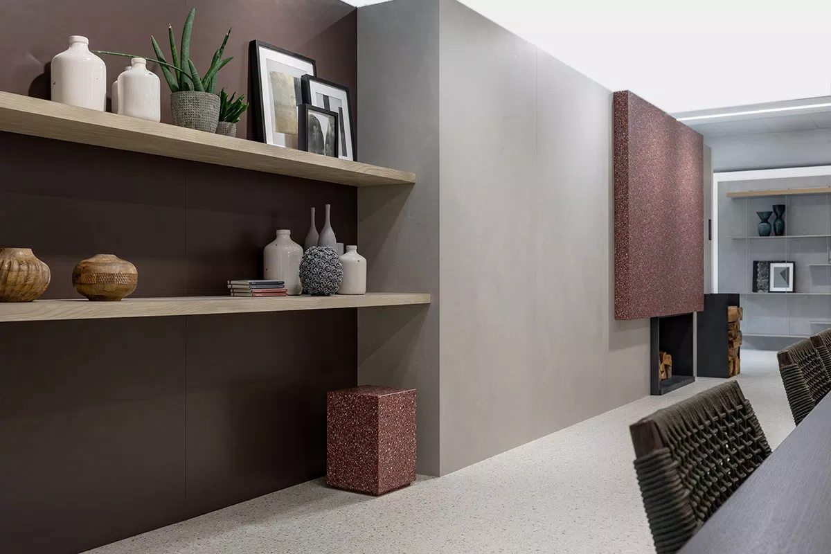 shelves and top of a fireplace in porcelain stoneware