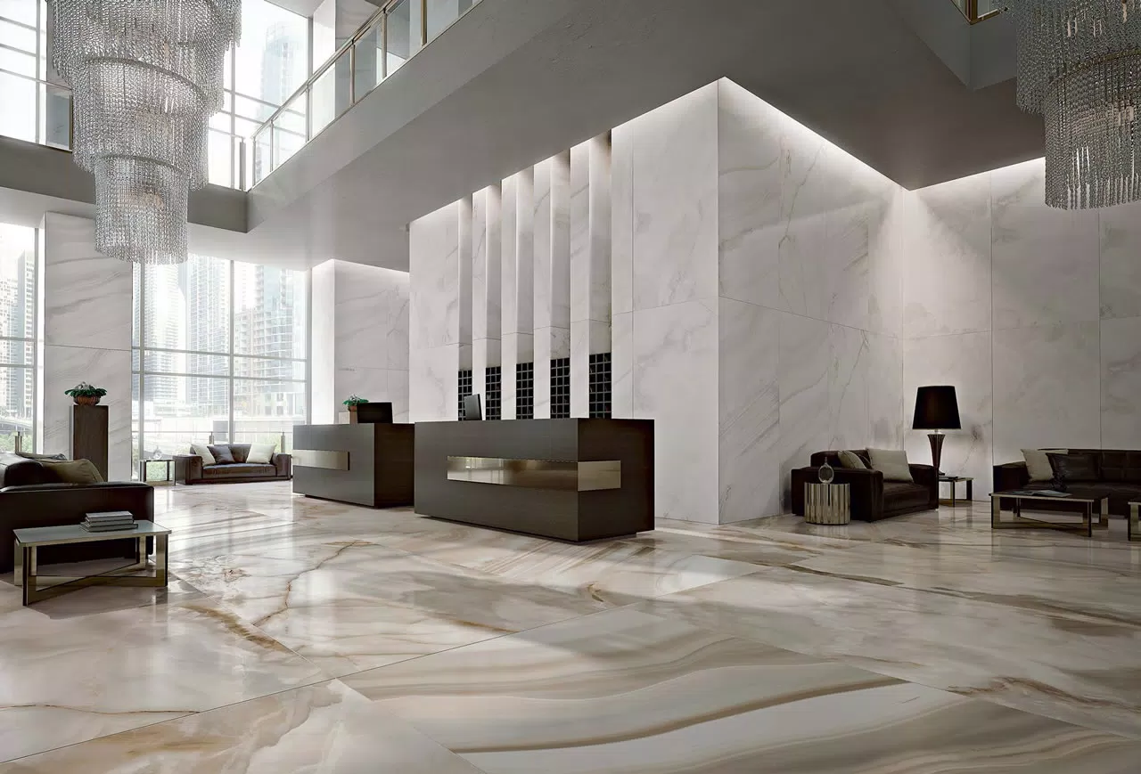 Large porcelain slabs from the Alabastri collection by Rex