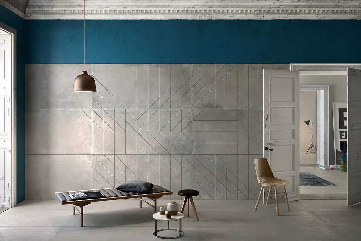 room with grey porcelain tiles coloured elements