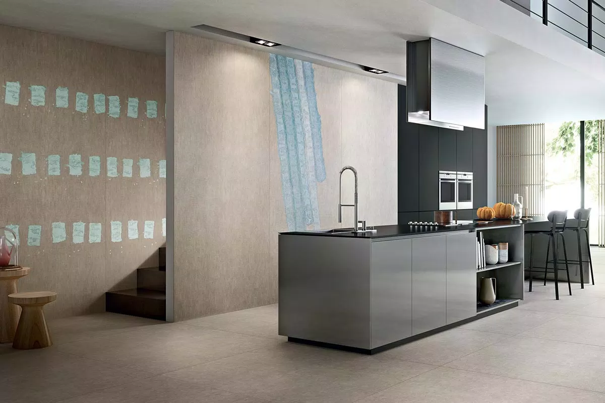 kitchen with ceramic coverings in pastel shades