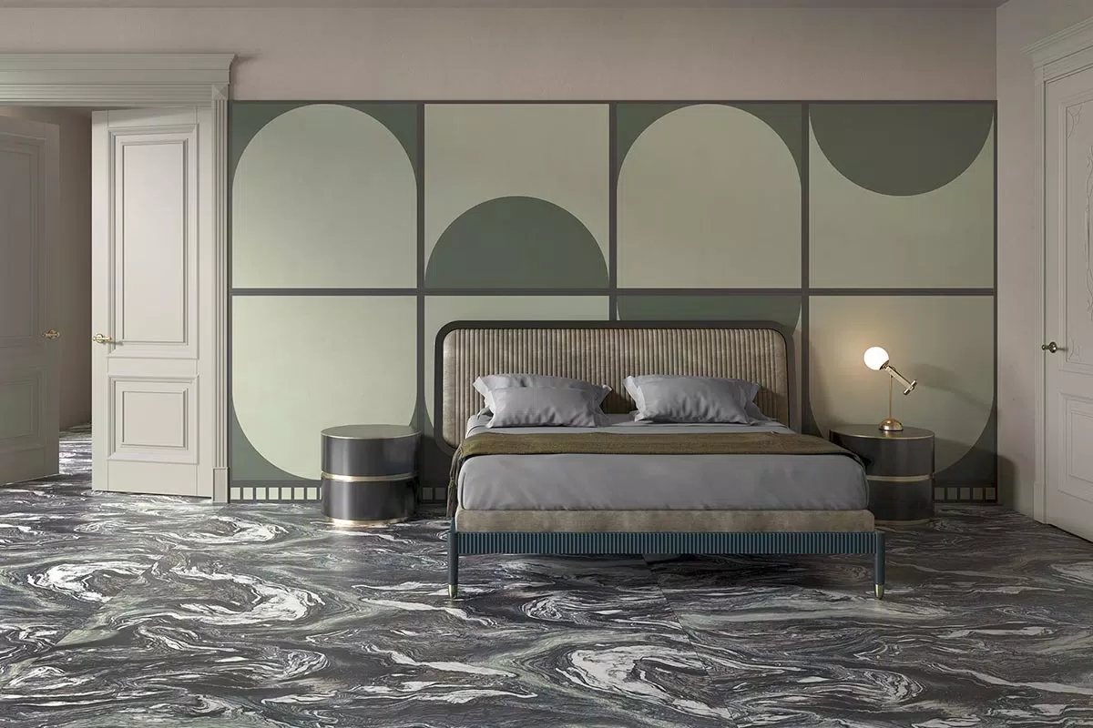 bedroom with porcelain stoneware of Policroma collection