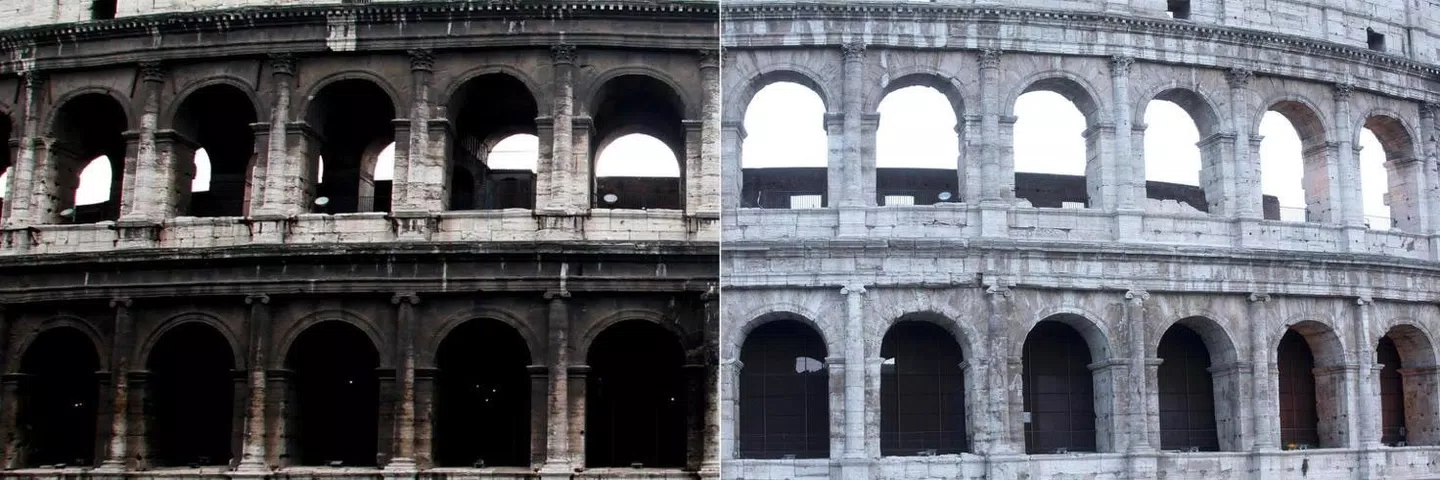 Das Kolosseum in Rom vor und nach der Restaurierung